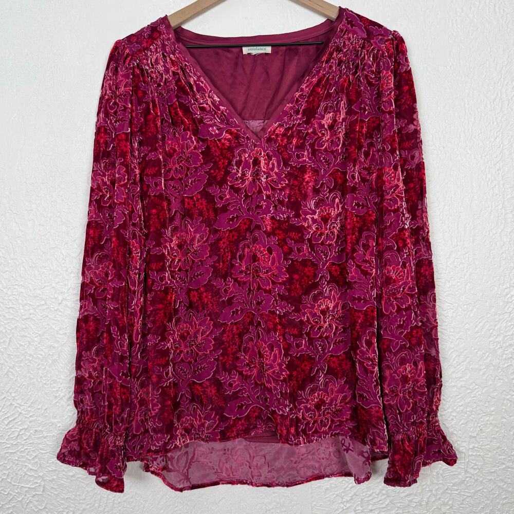 Sundance Floral Velvet Burnout Silk Blend Long Sleeve Top Size 1X